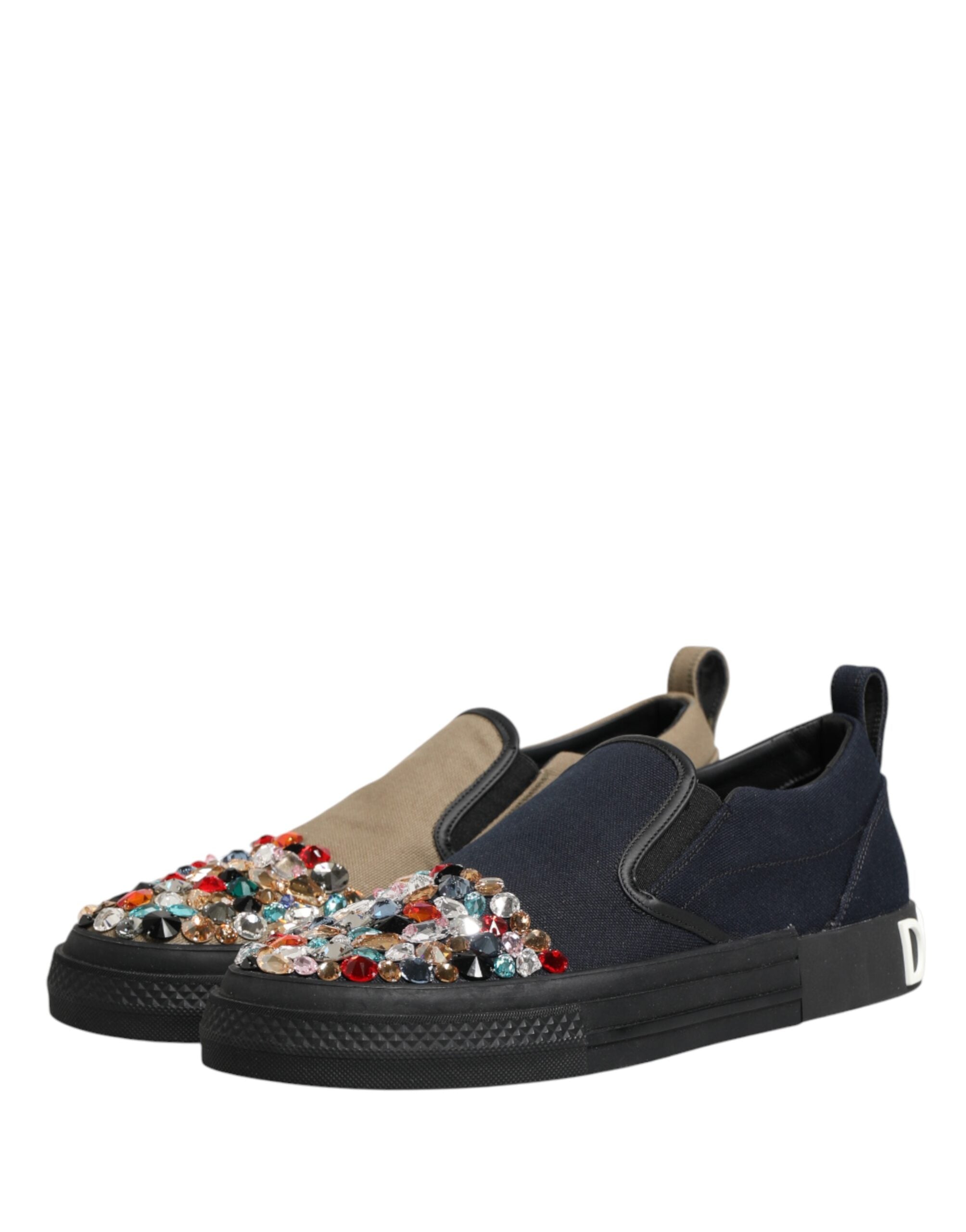 Dolce & Gabbana | Blue & Beige Canvas Embellished Slip On Men Sneakers