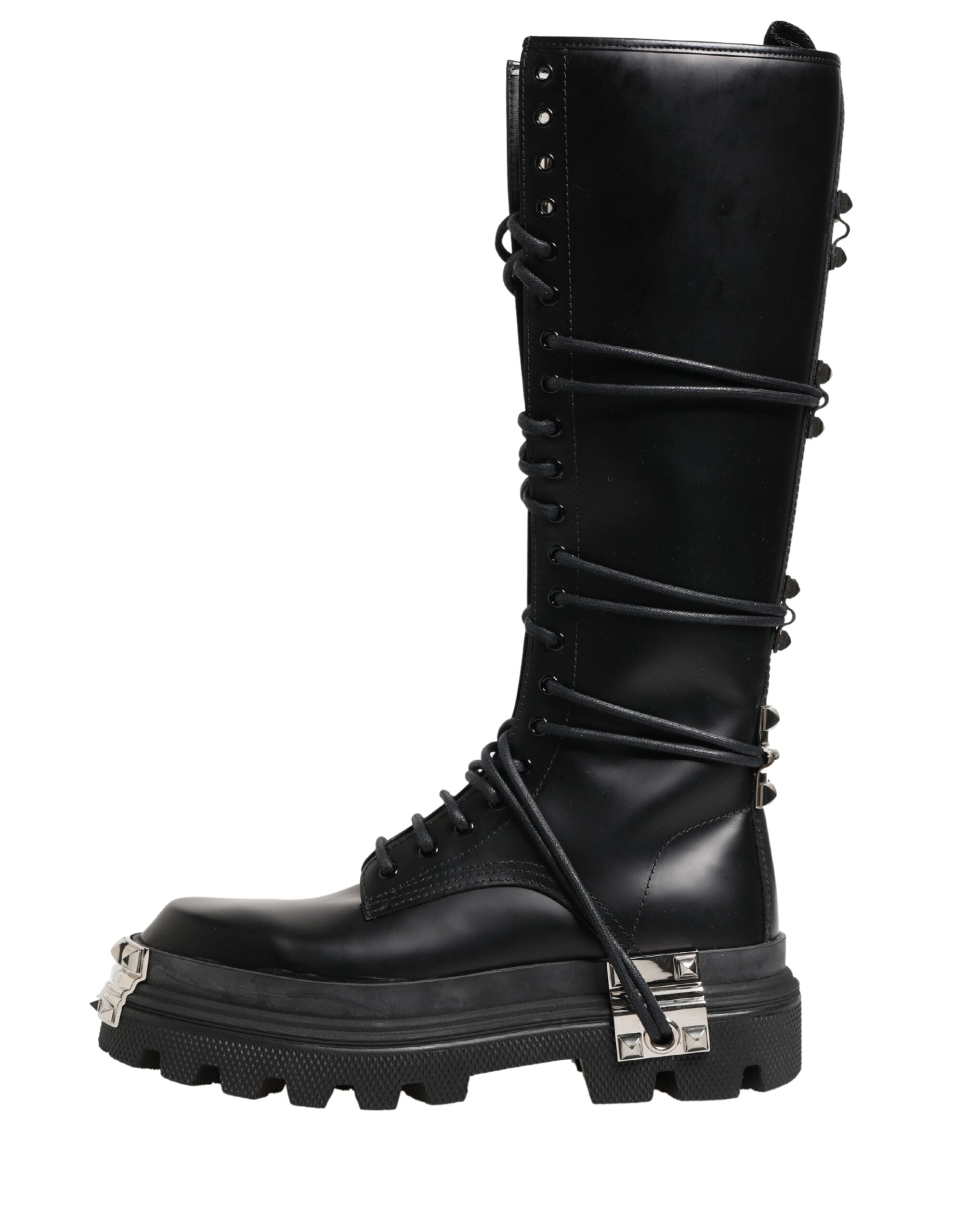 Dolce & Gabbana | Black Spazzolato Leather Knee-High Combat Boots