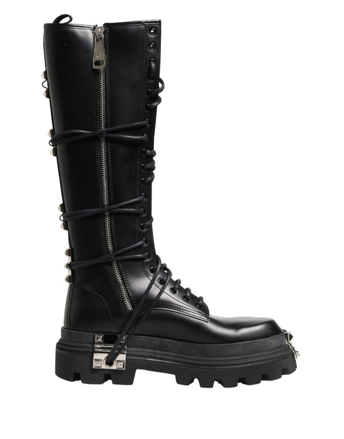 Dolce & Gabbana | Black Spazzolato Leather Knee-High Combat Boots