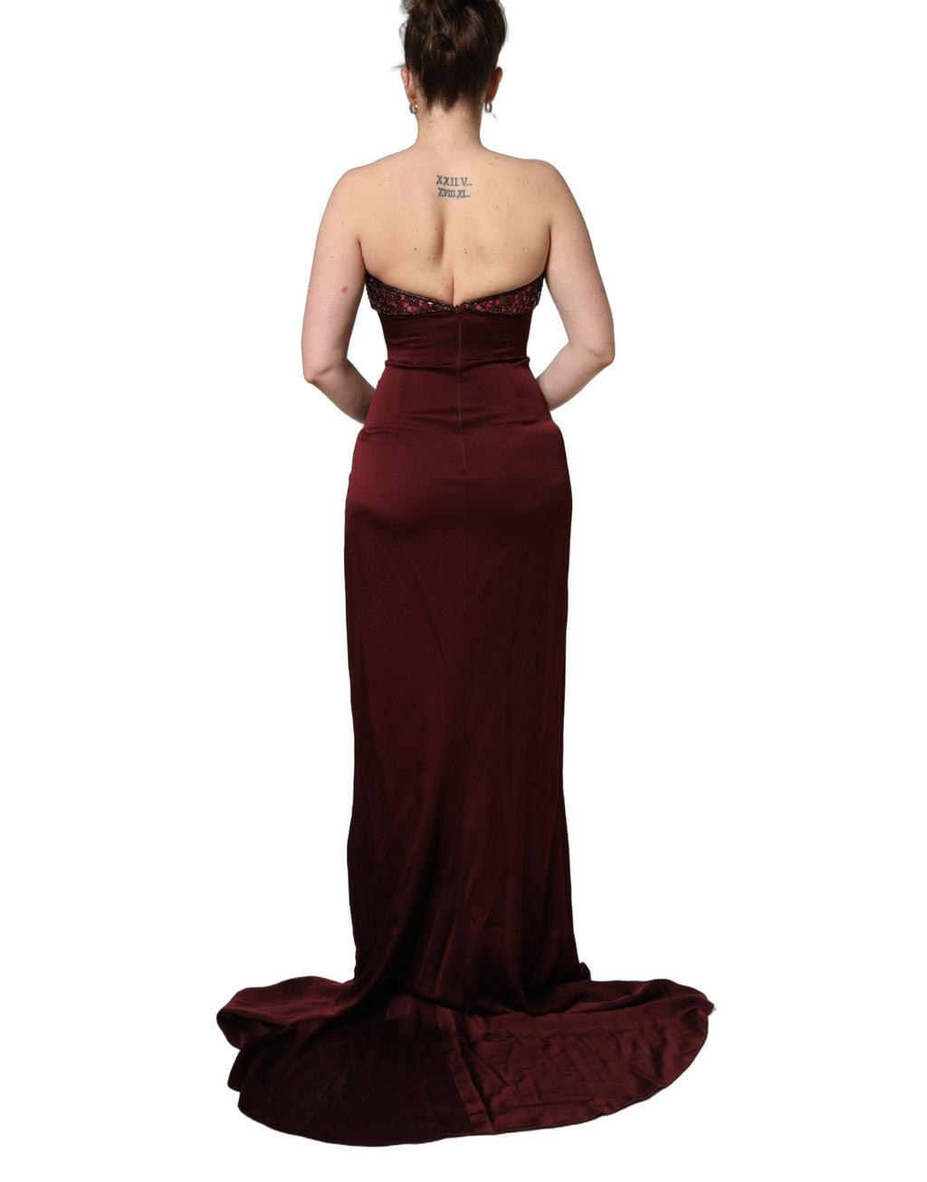 Dolce & Gabbana | Maroon Embellished V-Neck Evening Gown Dress