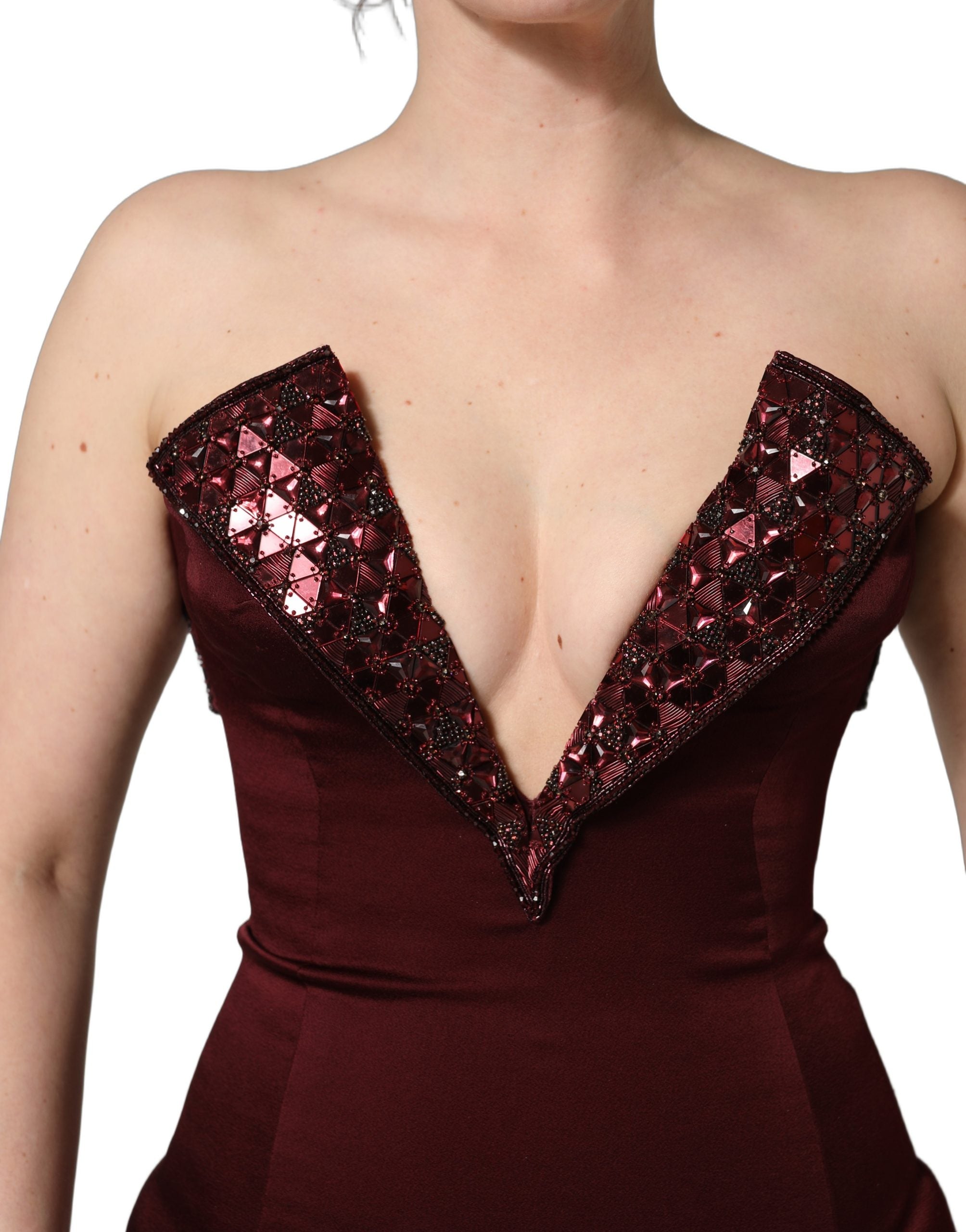 Dolce & Gabbana | Maroon Embellished V-Neck Evening Gown Dress