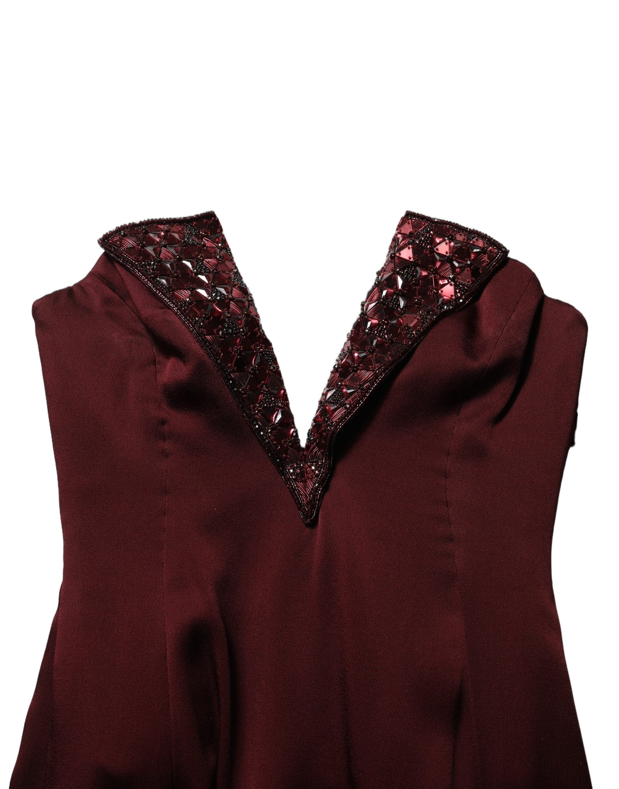 Dolce & Gabbana | Maroon Embellished V-Neck Evening Gown Dress