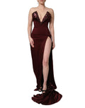 Dolce & Gabbana | Maroon Embellished V-Neck Evening Gown Dress