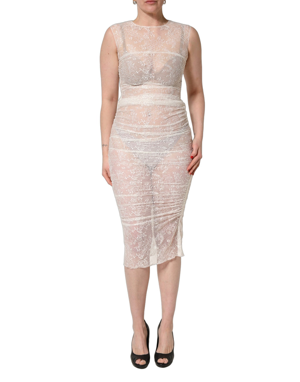Dolce & Gabbana | White Floral Lace Sheer Sleeveless Midi Dress