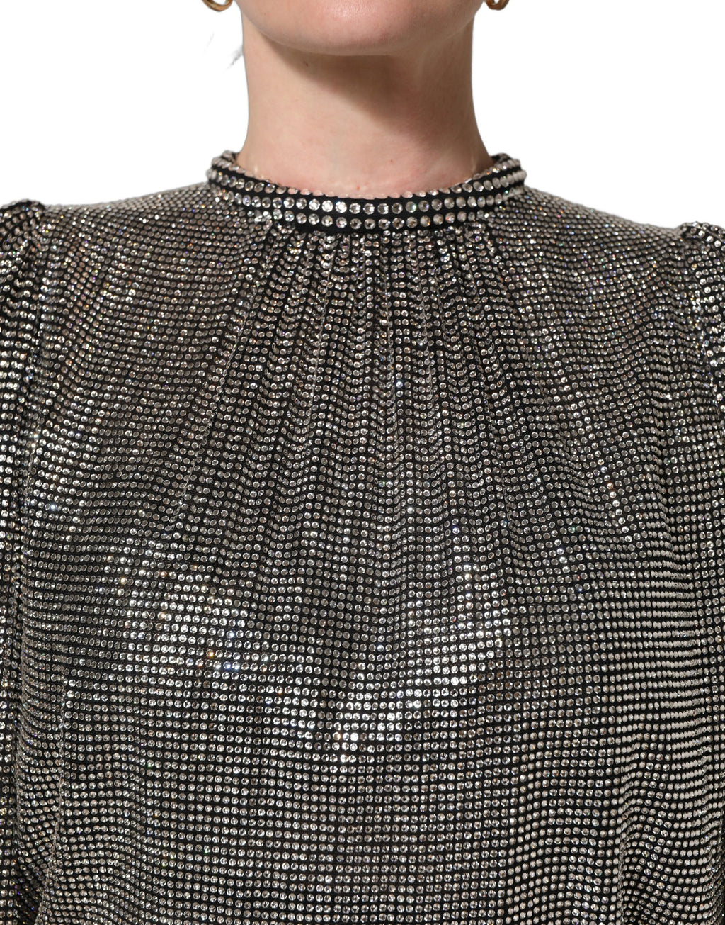 Dolce & Gabbana | Silver Rhinestones Long Sleeves Bodysuit Dress