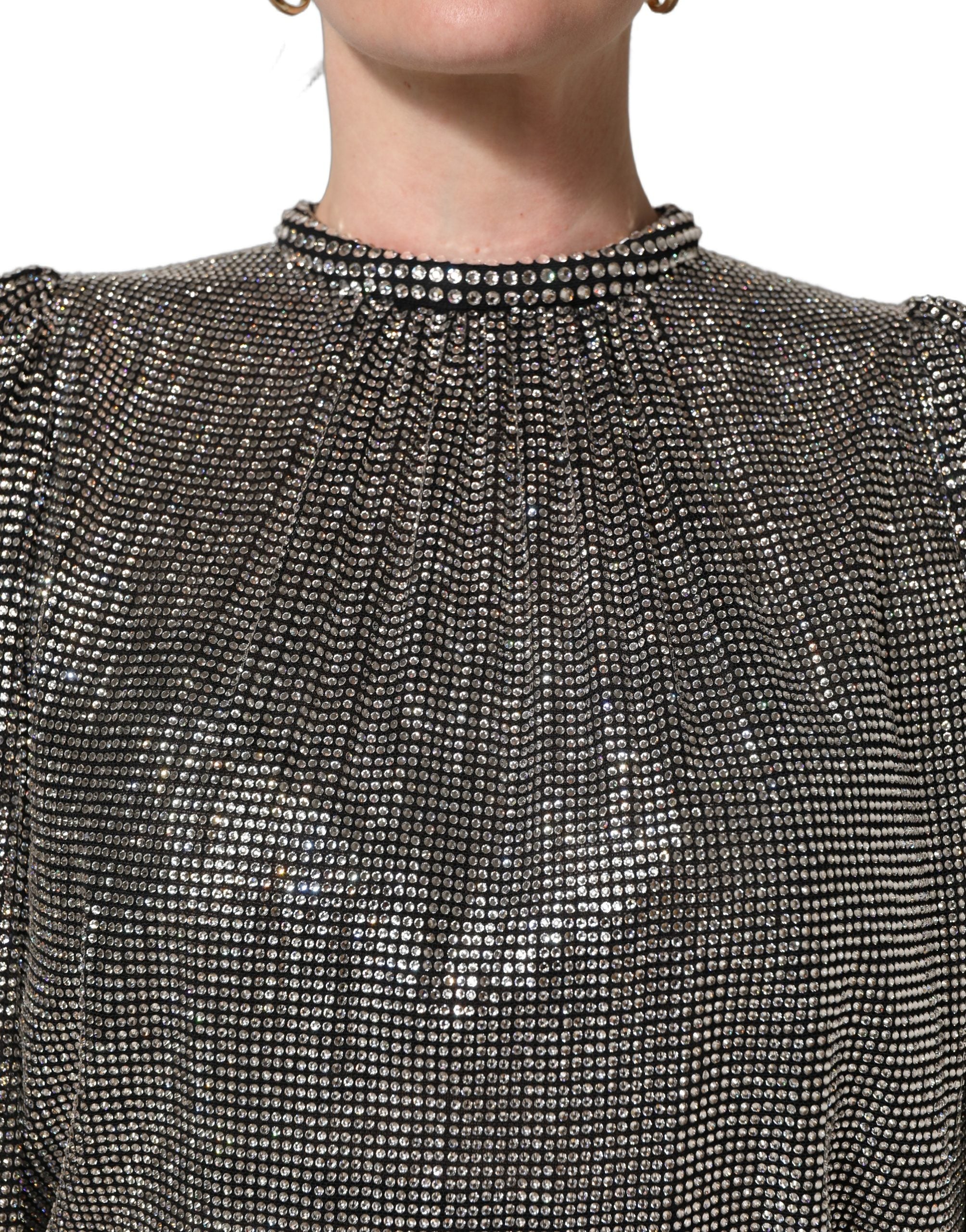 Dolce & Gabbana | Silver Rhinestones Long Sleeves Bodysuit Dress