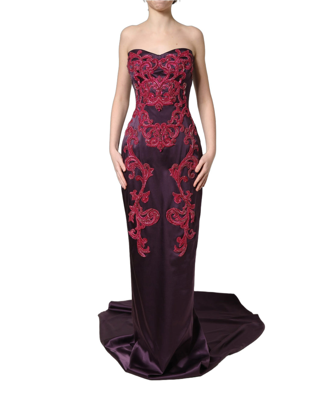 Purple Silk Crystal Strapless Floor Length Gown Dress