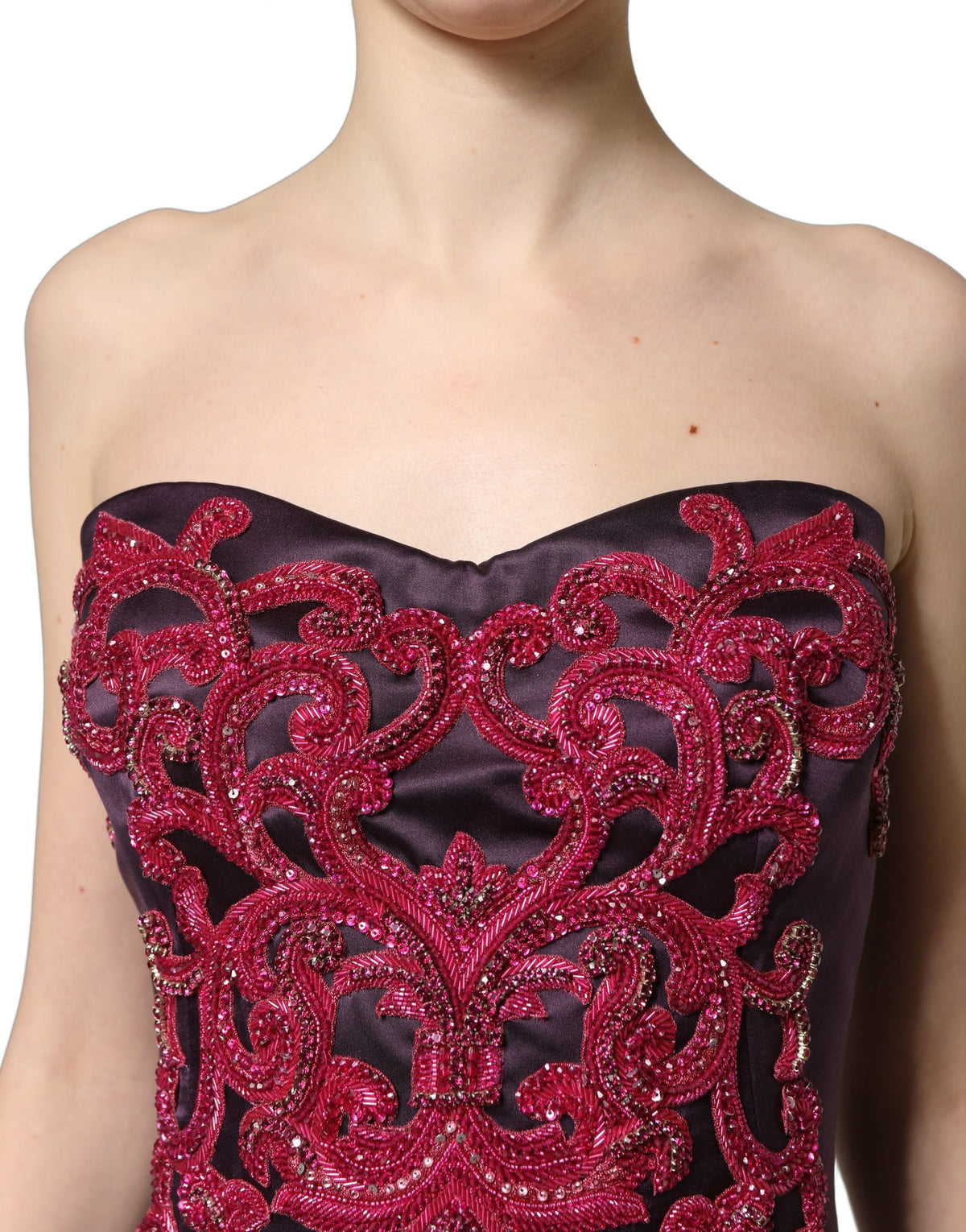 Purple Silk Crystal Strapless Floor Length Gown Dress