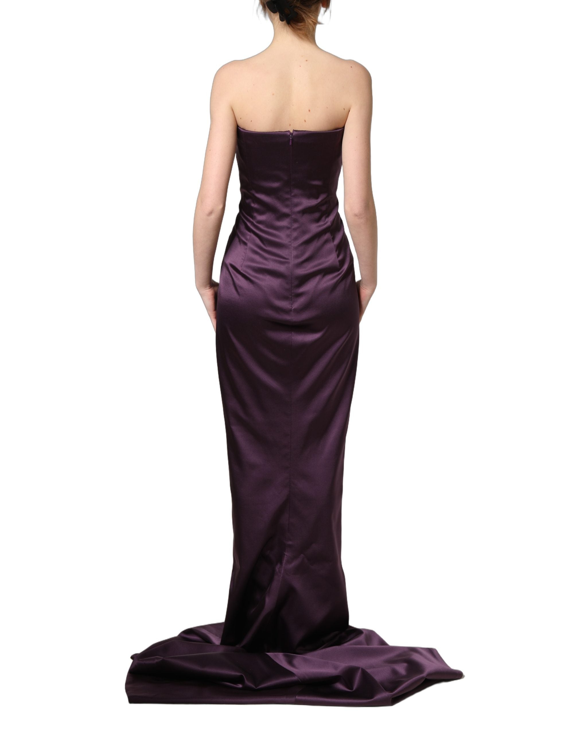 Purple Silk Crystal Strapless Floor Length Gown Dress