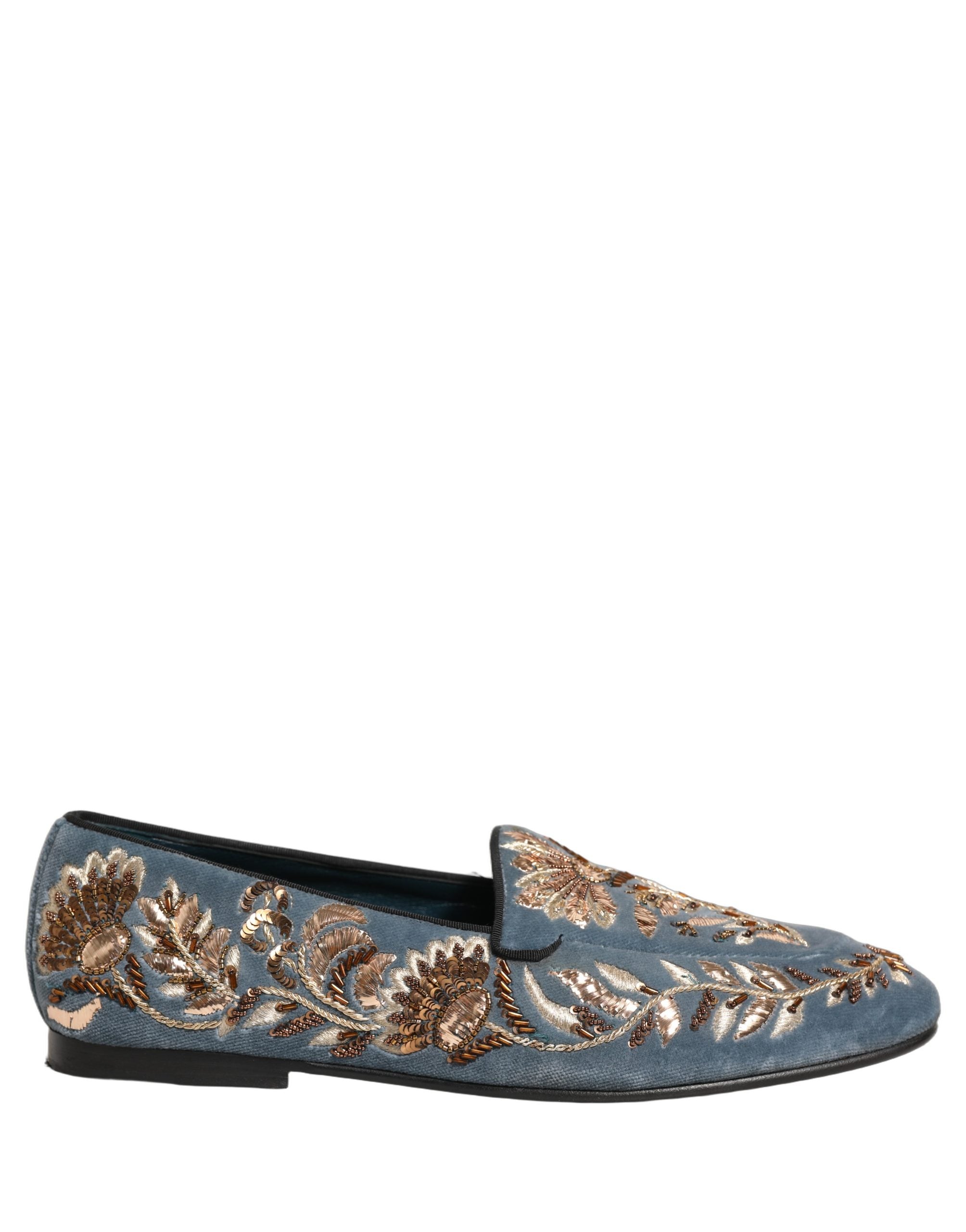 Blue Velvet Embellished Dress Loafers Shoes