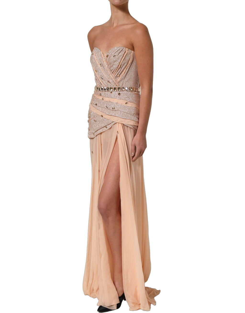 Nude Embellished Strapless Evening Gown Dress