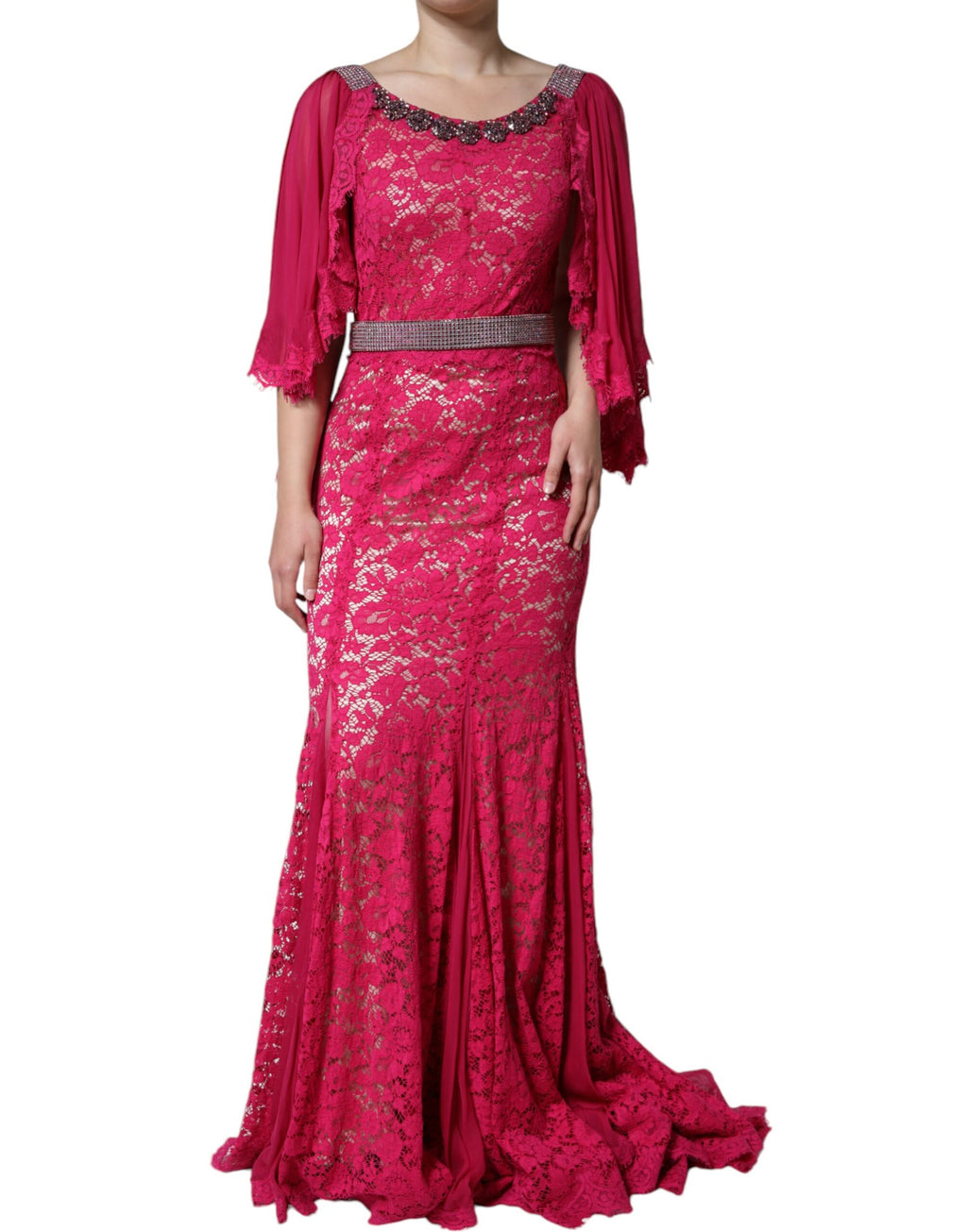 Dolce & Gabbana | Pink Lace Crystal Sheath Long Gown Dress