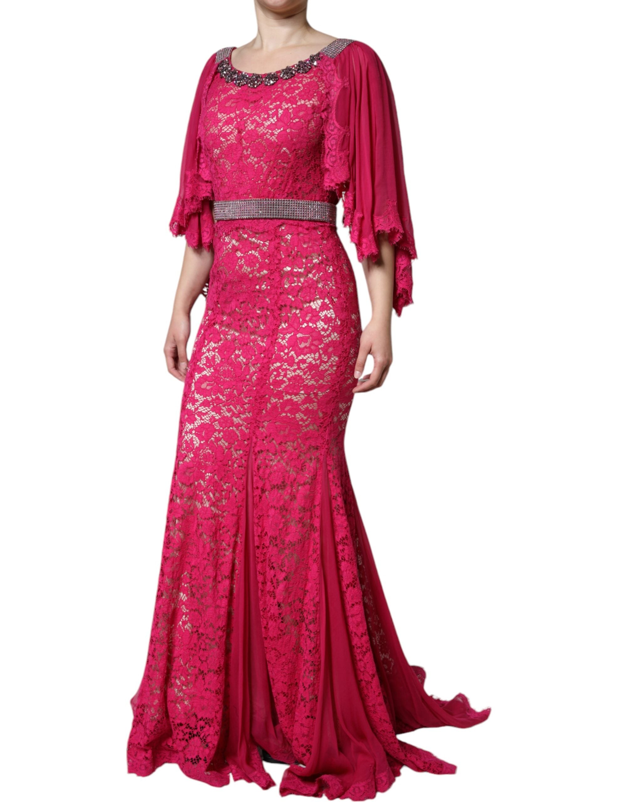 Dolce & Gabbana | Pink Lace Crystal Sheath Long Gown Dress