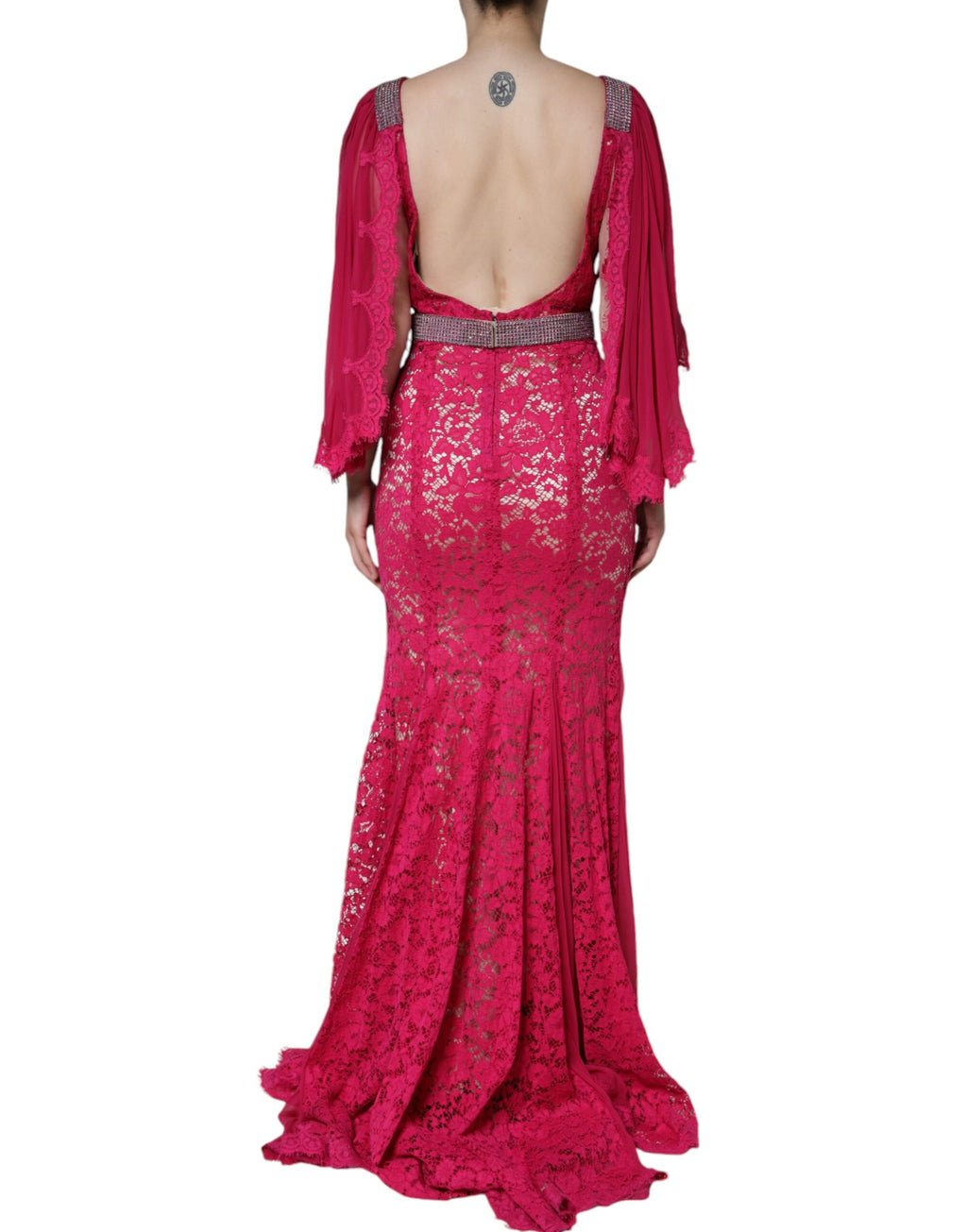 Dolce & Gabbana | Pink Lace Crystal Sheath Long Gown Dress