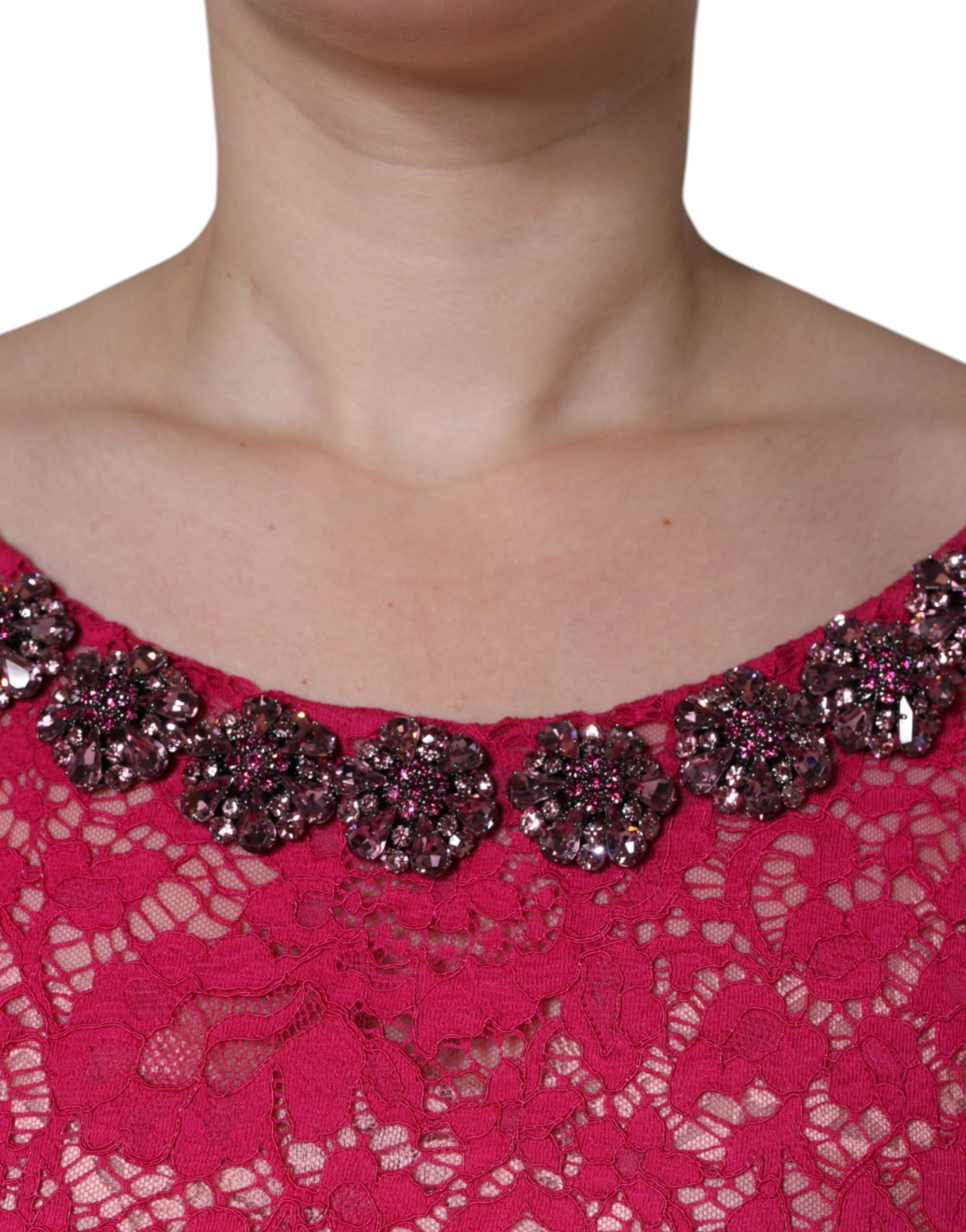 Dolce & Gabbana | Pink Lace Crystal Sheath Long Gown Dress