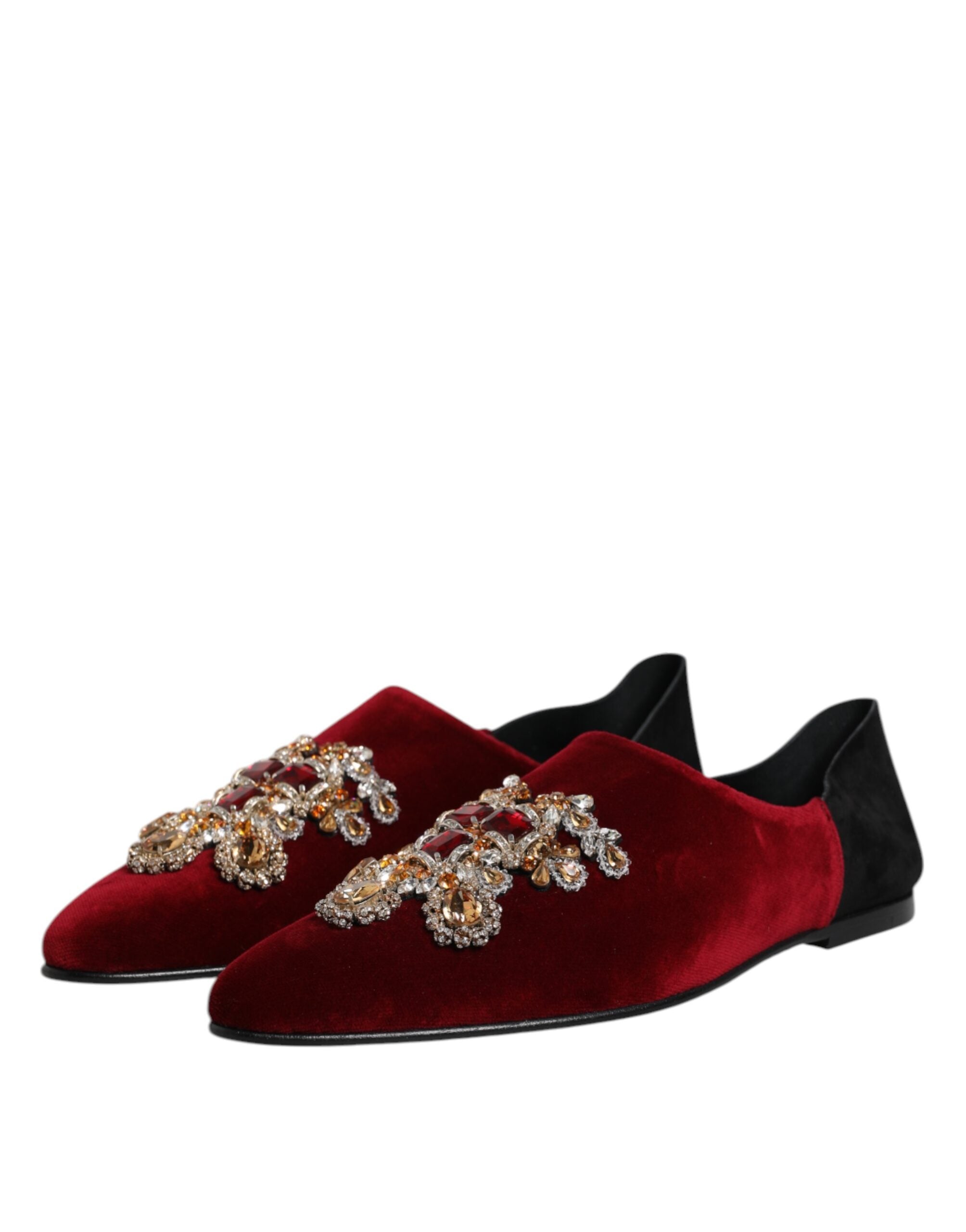 Dolce & Gabbana | Red & Black Velvet Crystal Embellished Loafers